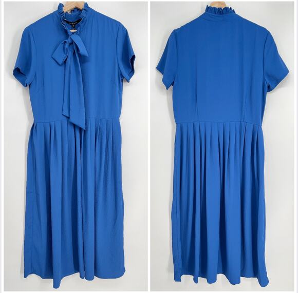 Walter Baker Dresses & Skirts - Walter Baker Sammy Dress NEW Womens 10 Blue Crepe Neck Tie Bow Midi Short Sleeve